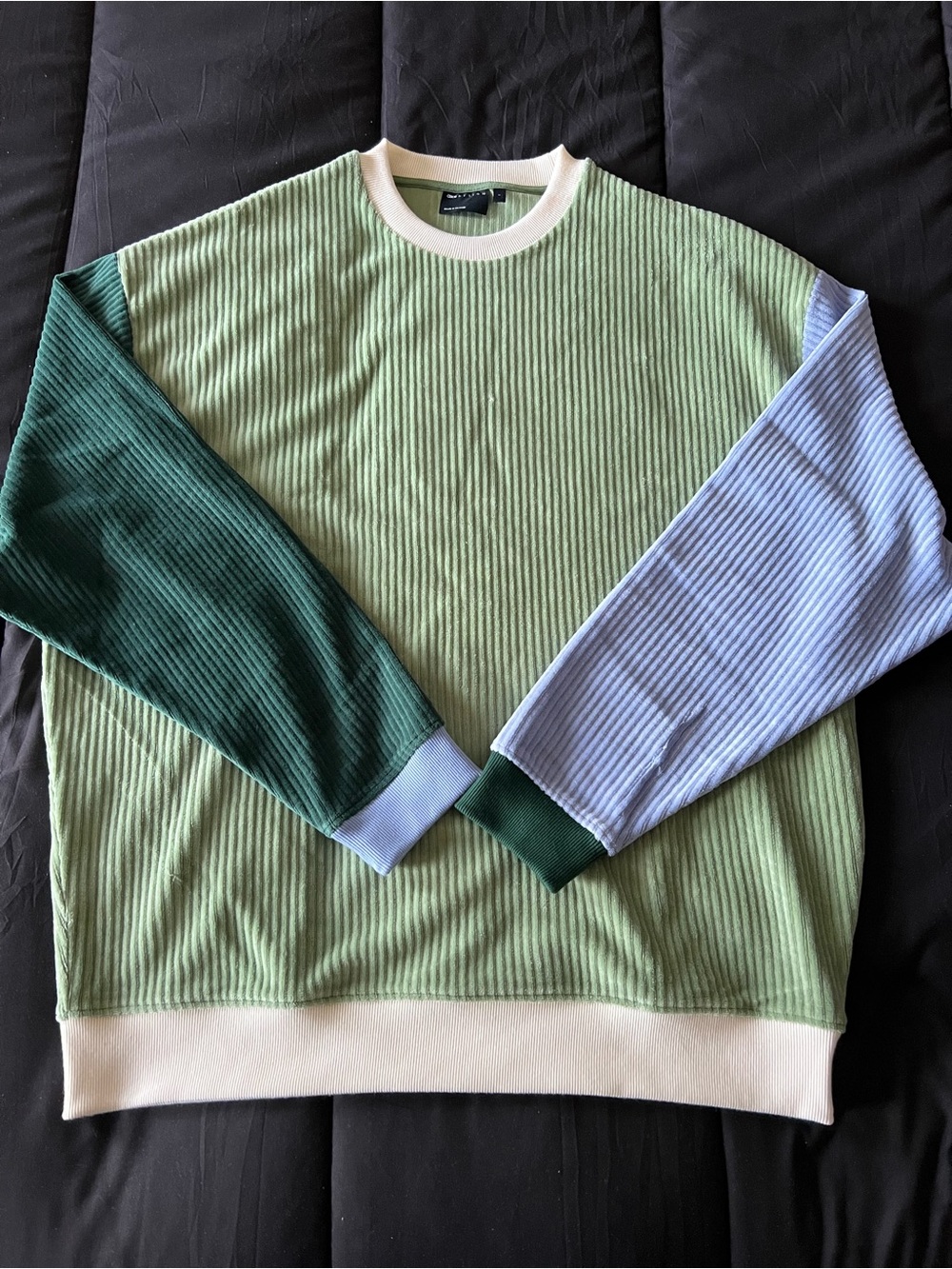 Colorblock Ribbed Velour Oversized Crewneck Sweater - Green/Forest/Light Blue
